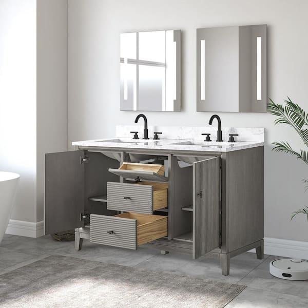54 in. W x 22 in. D Double Sink Freestanding Driftwood Gray Bath Vanity Cabinet with White Engineered Marble Top