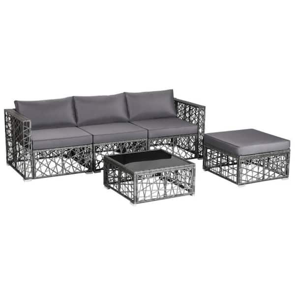 Kadehome PE Rattan Wicker 5-Piece Outdoor Sectional Furniture Set with Gray Cushions