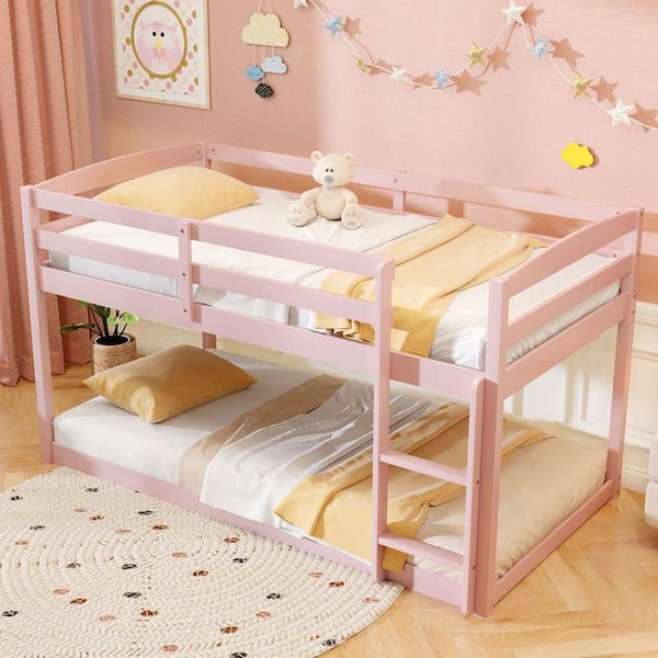 Pink Twin over Twin Low Bunk Bed with Guardrails Integrated Ladder Kids Wooden White