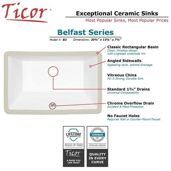 Ticor Belfast 20.75 in. Undermount Vanity Sink in White
