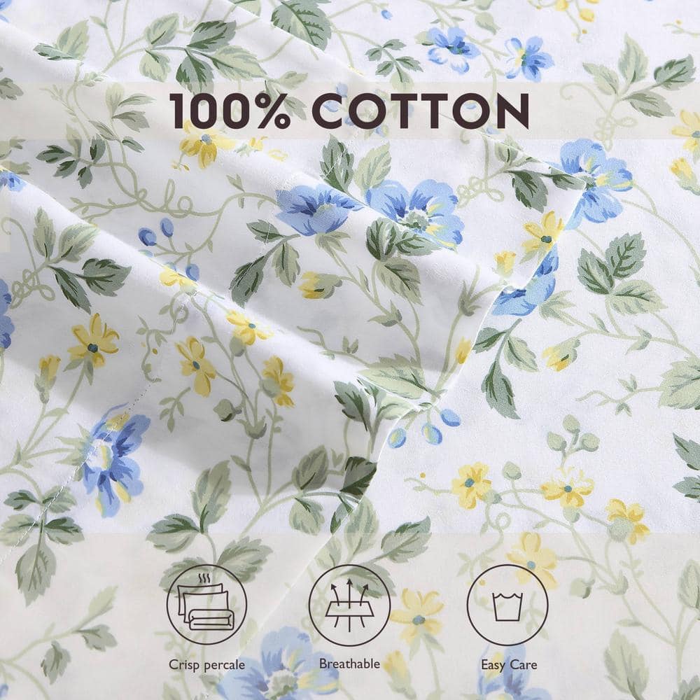 Meadow Floral Blue Cotton Sateen Standard Pillowcase Set