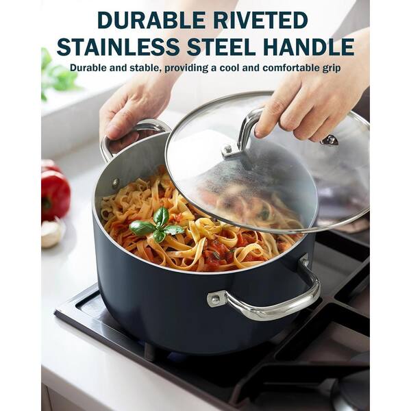 BEZIA 6 Quart Cooking Pot, Non Stick Induction Stock Pots With Lid, All Stove Compatible, 6 QT Aluminum Soup/Stew Pot For Small Households, Grey