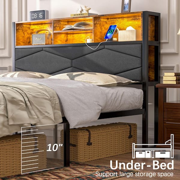 LED Bed Frame Brown Metal Frame Queen Platform Bed with Charging Station, Storage Headboard, USB Outlets, Upholstered