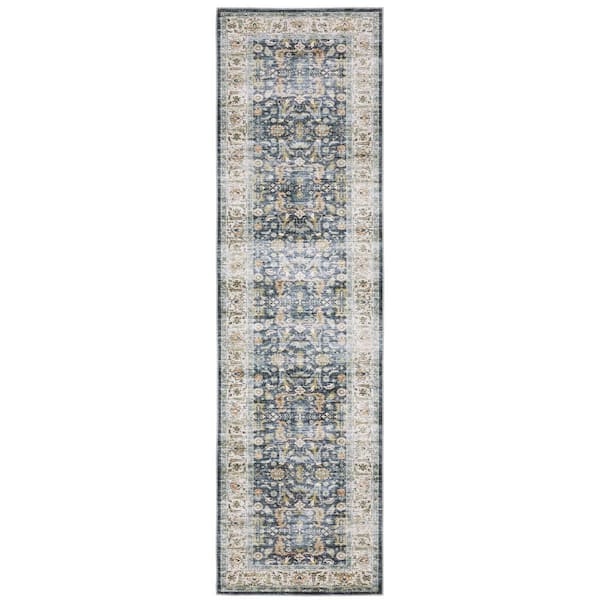 Cascade Blue/Gold 2 ft. x 8 ft. Vintage Persian Polyester Machine Washable Indoor Runner Area Rug