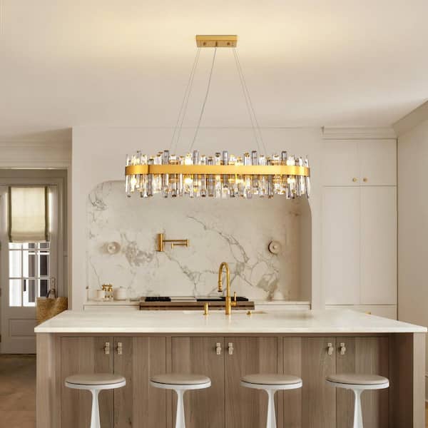 43 in. Dimmable 16-Light Crystal Chandelier Modern Gold Rectangular Chandelier with Clear and Gray Crystal Accents