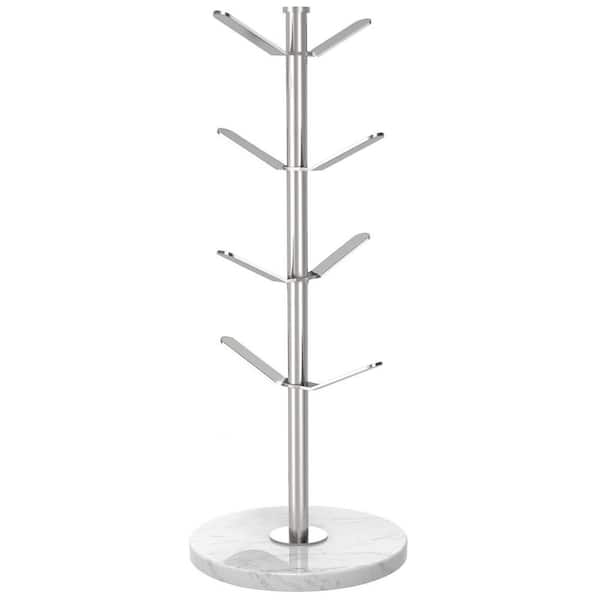 8-Hook Silver Marble Mug Tree with Stainless Steel Holder Non-Slip Pads Heavy Duty Base Kitchen Organizer