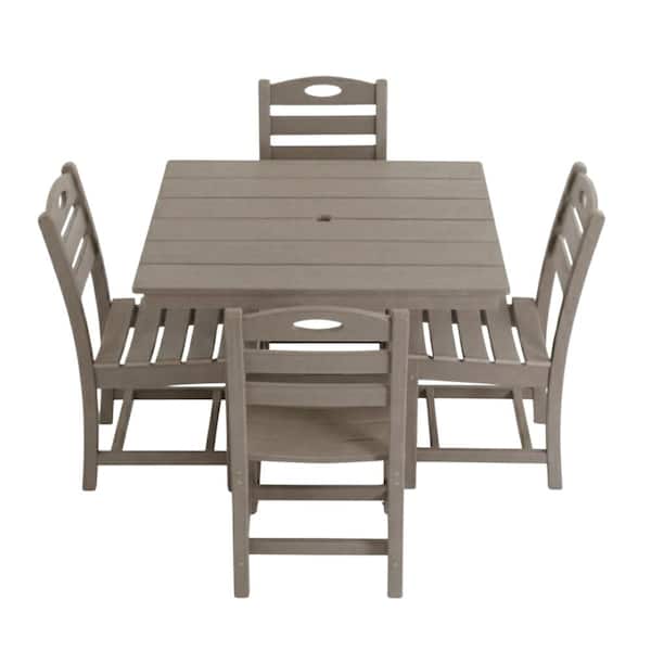5-Piece Antique Brown HDPE Patio Dining Set, Square Table with 4 Chairs for Garden