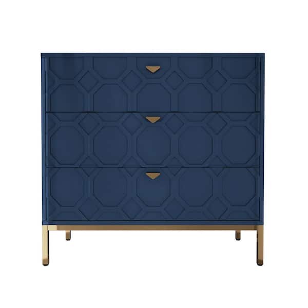Clihome Honeycomb Wooden 3-Drawer Storage Cabinet Table in Blue