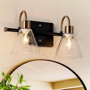 Transitional Cone Bathroom Vanity Light 2-Light Modern Black and Brass Wall Sconce with Seeded Glass Shades