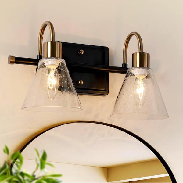 Uolfin Transitional Cone Bathroom Vanity Light 2-Light Modern Black and Brass Wall Sconce with Seeded Glass Shades