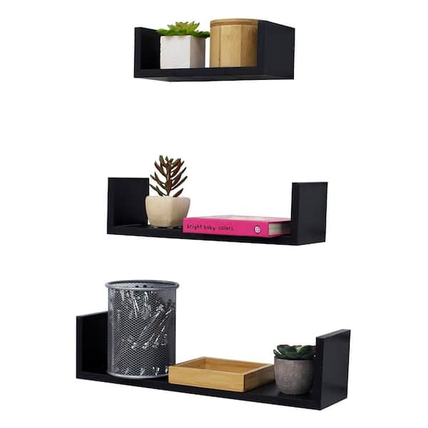 Home Basics 16.62in x 3.75in x 4in Black Floating U Shape Shelves (Set of 3)