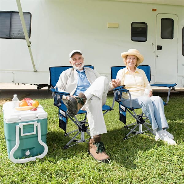 360° Swivel Hunting Chair with Mesh Cup Holder and Storage Pockets Cozy Backrest Blue