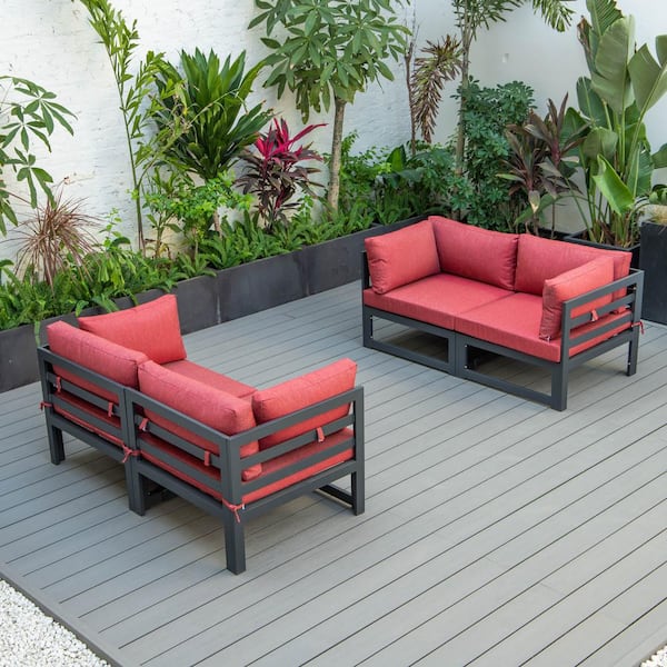 Leisuremod Chelsea Black 4-Piece Aluminum Outdoor Loveseat Set with Red Cushionss