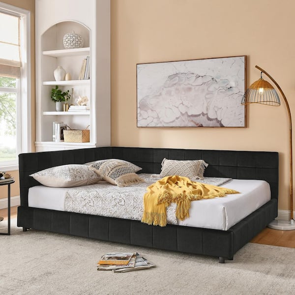 Nola Black Velvet Upholstered Queen Size Daybed with Tufted Bed Frame, Armrests