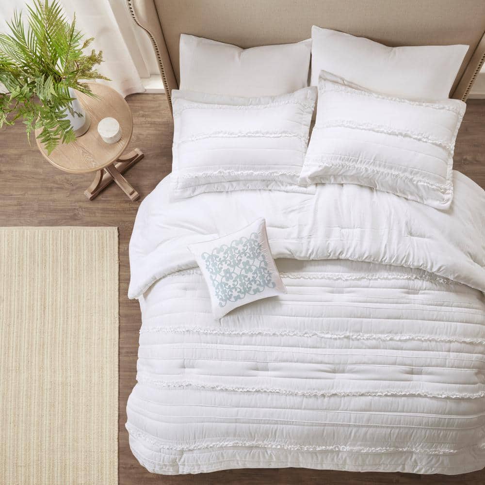 Serene White Queen Ruffled 5-Piece Microfiber Comforter Set