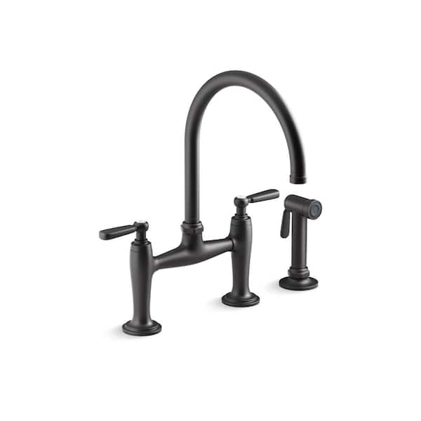 KOHLER Edalyn By Studio McGee Double-Handle 2-Hole Bridge Kitchen Faucet With Side Sprayer in Matte Black