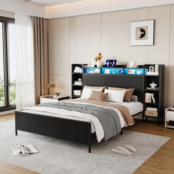 Bedle Black Metal Frame Queen Platform Bed with Storage Headboard, USB Charging Station and LED Light