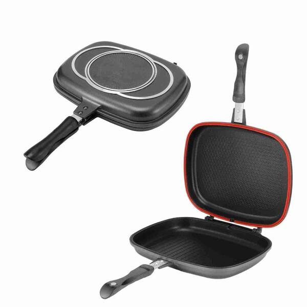 Double Side Grill Pan 12.6 Inch Aluminum Frying Pan with Anti-Burn Handle, Silicone Sealing and Magnetic