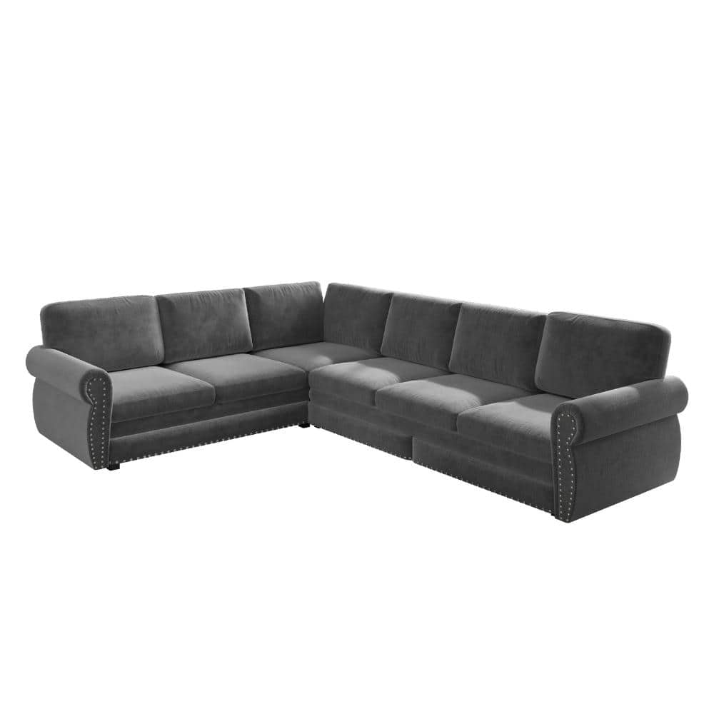 118 in. Rolled Arm Chenille L-Shaped Convertible Sleeper Sofa with Pull-Out Bed, Nailhead Trim and 6 Seats in Light Grey price history on PriceWatchPro