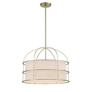 Gateway Park 5-Light Soft Brass Cage Pendant to Semi-Flush Mount with Oatmeal Fabric Shade