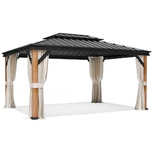 12 ft. x 16 ft. Wooden Grain Aluminum Frame Gazebo with Curtains and Nettings for Patio Backyard Deck