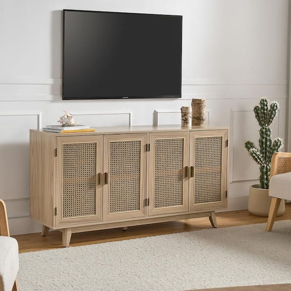 Buthrotos 56.8 in. W Acorn TV Stand for TVs up to 65 in. with Storage Room and 4-Rattan Doors