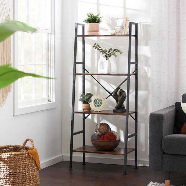 JOMEED Rustic Modern 14.7 in. W 4-Tier Brown Wood and Steel Bookshelf  Storage Organizer Shelf UP001 - The Home Depot