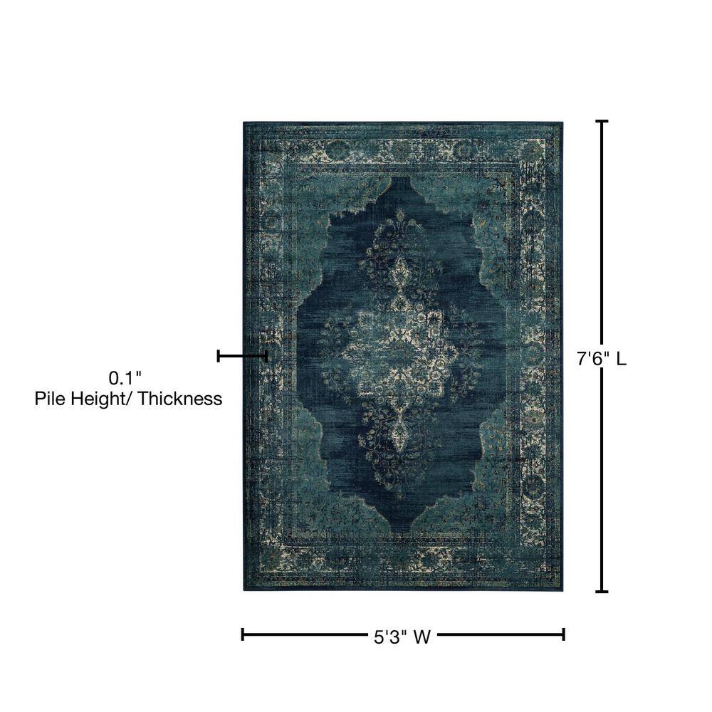 Navy Medallion Silky-Feel Rectangular Viscose Rug, 5'3" x 7'6"