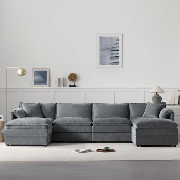 Arpina 136 in. U-Shaped Pillow Top Arms Chenille with Movable Ottoman Sectional Sofa in Dark Gray