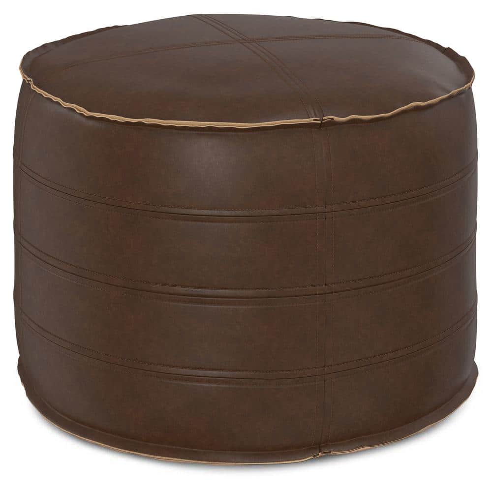 Brody Distressed Dark Brown Faux Leather Round Pouf, 20"