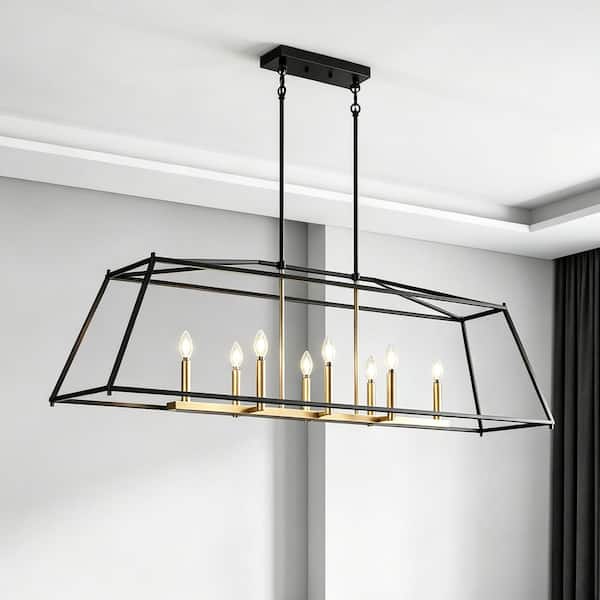 47.2 in. 8-Light Modern Black and Deep Gold Linear Island Pendant Chandelier with Trapezoid Frame for Kitchen Island