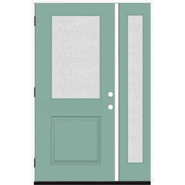 Steves & Sons Legacy 53 in. x 80 in. 1/2 Lite Rain Glass RHOS Primed Quarry Finish Fiberglass Prehung Front Door w/14 in. SL
