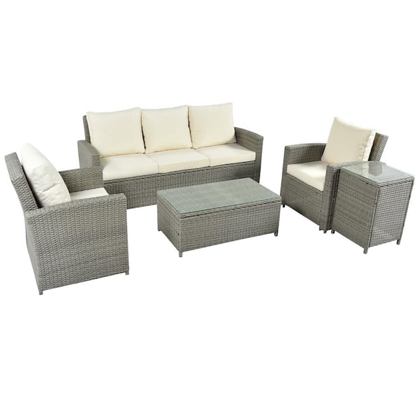 5-Piece Wicker Outdoor Patio Conversation Set with Beige Cushions Table ...