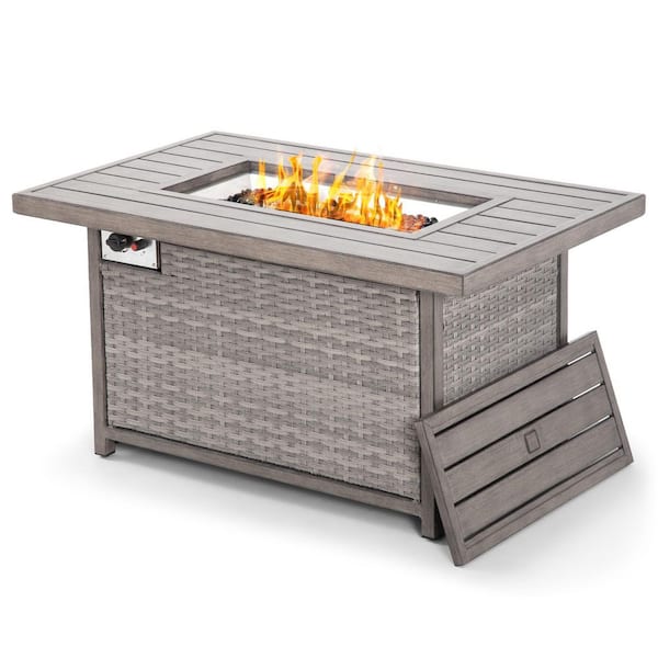 EGEIROSLIFE 48 in. 50,000 BTU Gray Wicker and Aluminum Square Propane Fire Pit Table with Clear Glass Rock