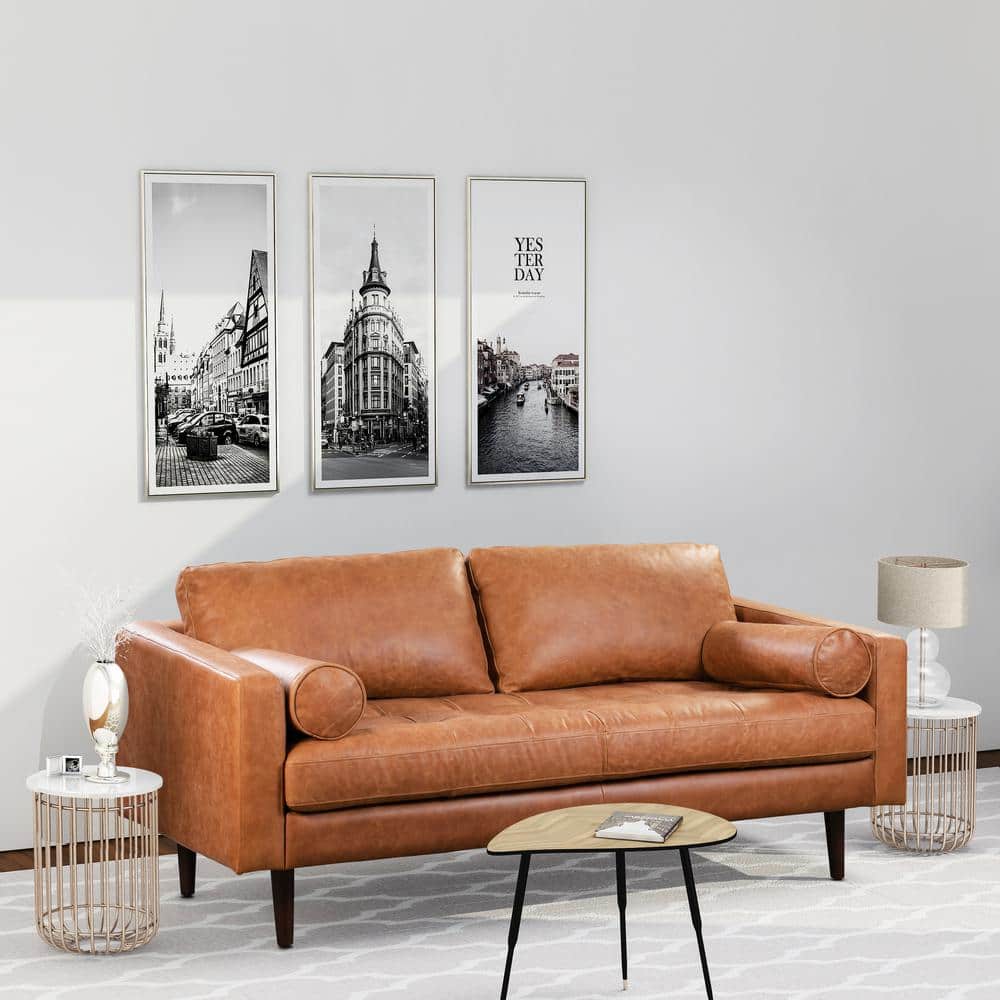 Cognac Tan Tufted Leather Lawson Sofa with Wood Legs