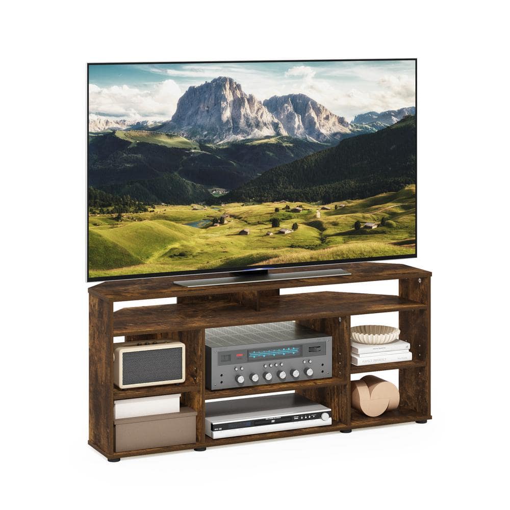 Amber Pine Corner TV Stand with Shelves and Cabinet