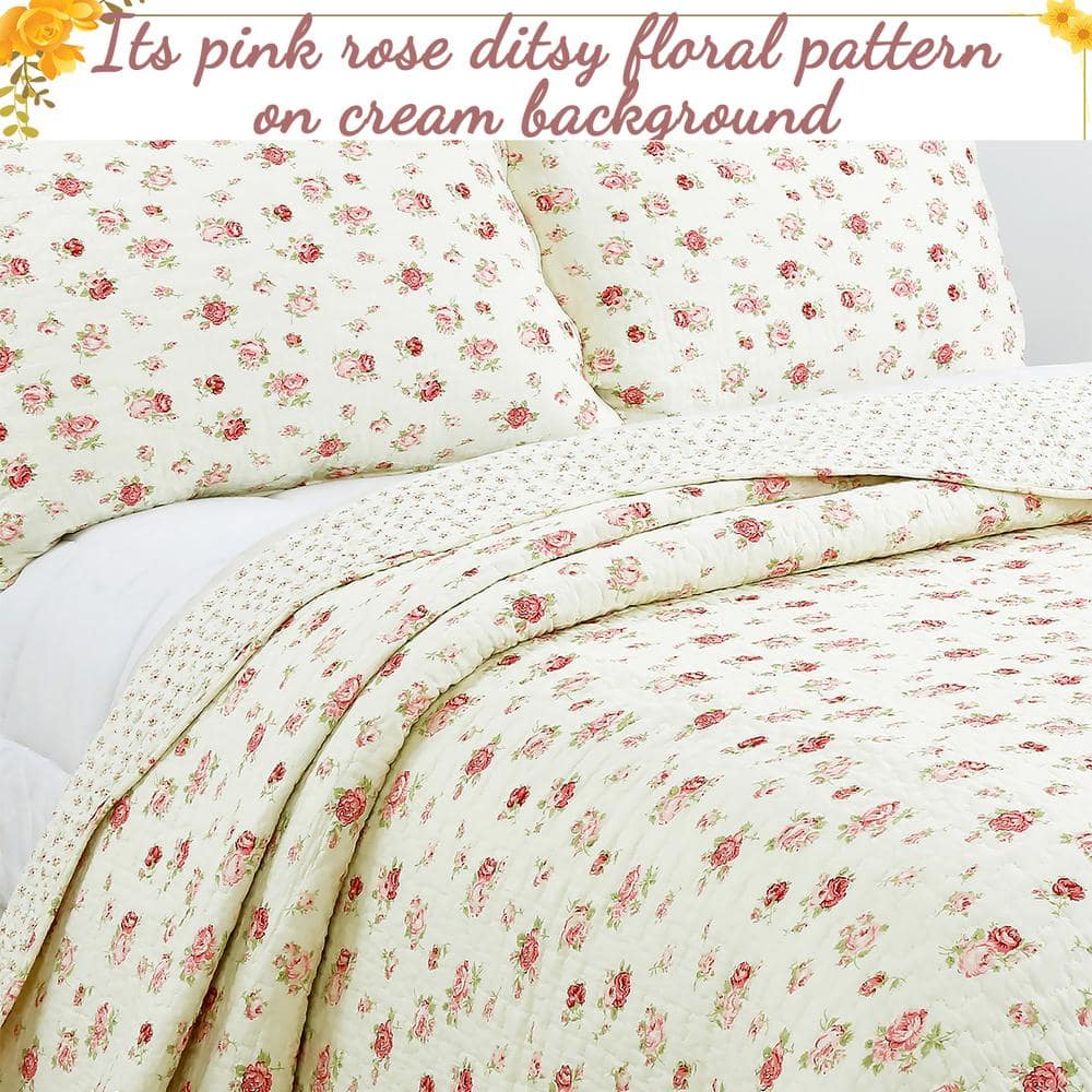 Pink Floral Cotton Queen Reversible Quilt Set with Scalloped Edges