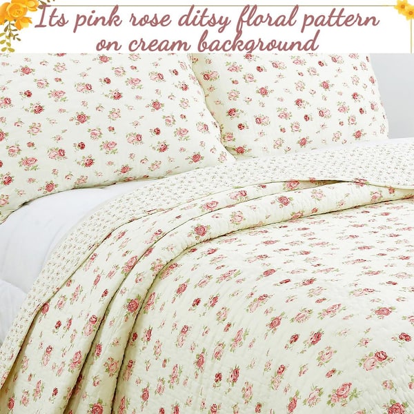 3 Pieces Floral Quilt Set Queen Size Beige Pink Rose Print Shabby Chic  Bedspread Coverlet Lightweight Bed Cover for All Season - 90 x 96 :  : Home & Kitchen