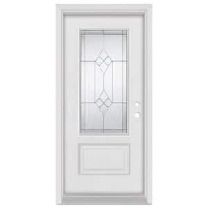 36 in. x 80 in. Geometric Left-Hand Zinc Finished Fiberglass Mahogany Woodgrain Prehung Front Door