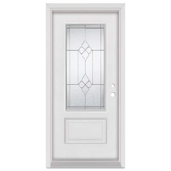 Stanley Doors 36 in. x 80 in. Geometric Left-Hand Zinc Finished Fiberglass Mahogany Woodgrain Prehung Front Door