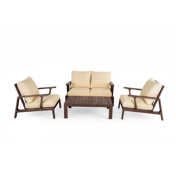 Sudzendf 4-Piece Acacia Wood Patio Conversation Set with Beige Cushions ...