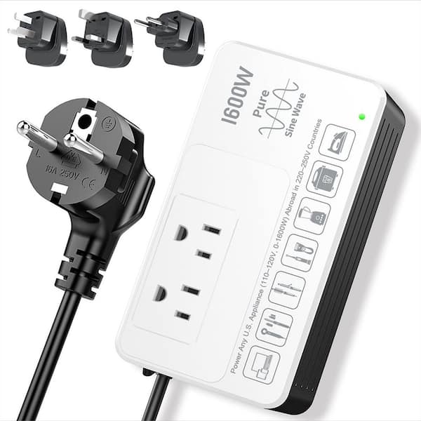1600W 220V to 110V Voltage Converter, US to Europe International Travel Adapter, White Universal Power Plug Adapter