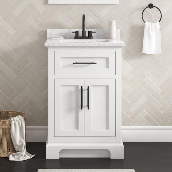 Doveton 24 in. Single Sink Freestanding White Bath Vanity with White Engineered Marble Top (Assembled)