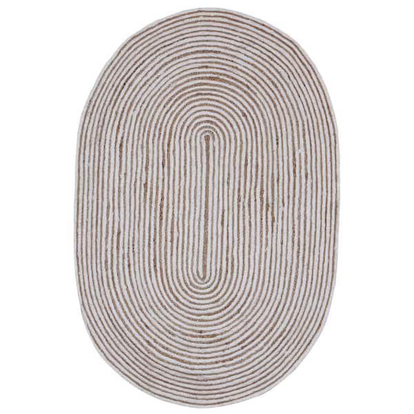Earth First Jute and White Cotton Racetrack 4 ft. x 6 ft. Oval Area Rug