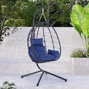 Outdoor Indoor Egg Chair with Stand and Nave Blue Cushion PE Wicker Patio Chair Swing Chair Lounge Hanging Basket Chair