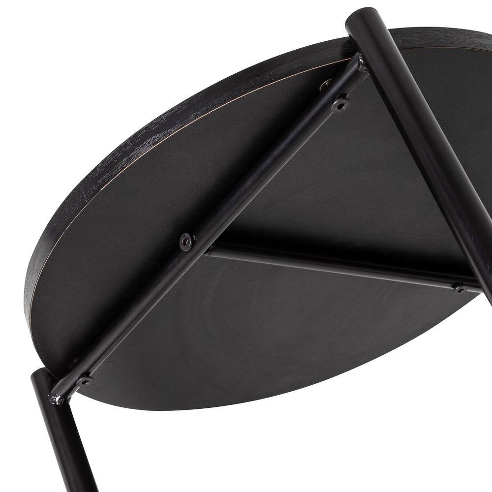 Sleek Matte Black Metal and Wood Round Side Table