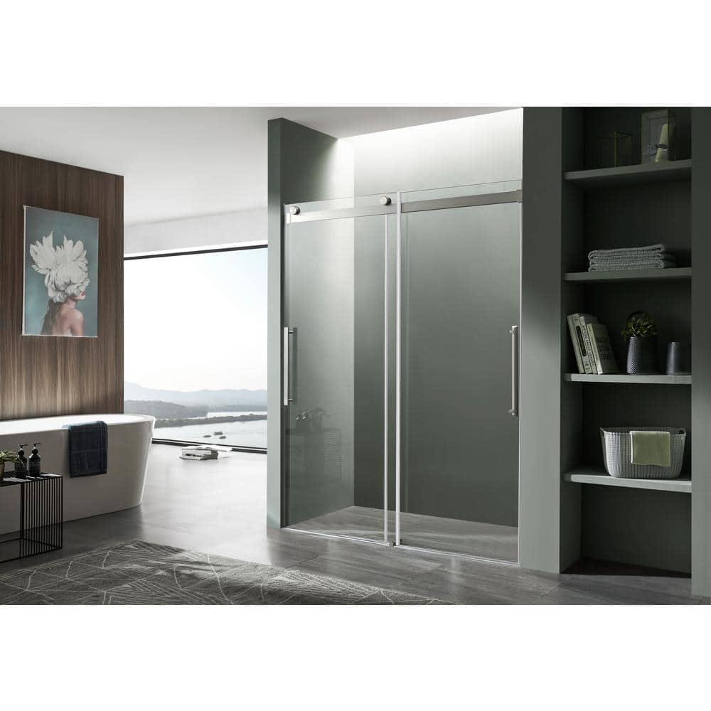 Stellar Series 48 in. x 76 in. H Sliding Frameless Shower Door in Brushed N