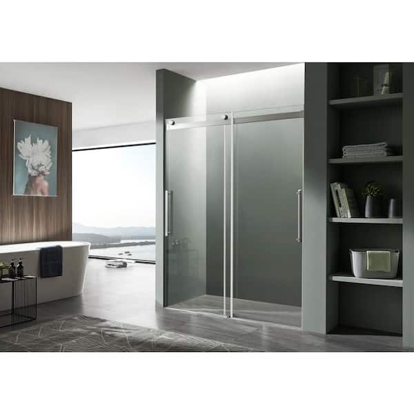 Stellar Series 57 to 60 in. x 76 in. H Sliding Frameless Shower Door in Brushed Nickel with Tsunami Guard Tempered Glass