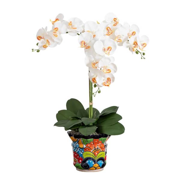 Nearly Natural 27in. White Artificial Triple Orchid Arrangement in Handmade Mexican Talavera Ceramic Planter
