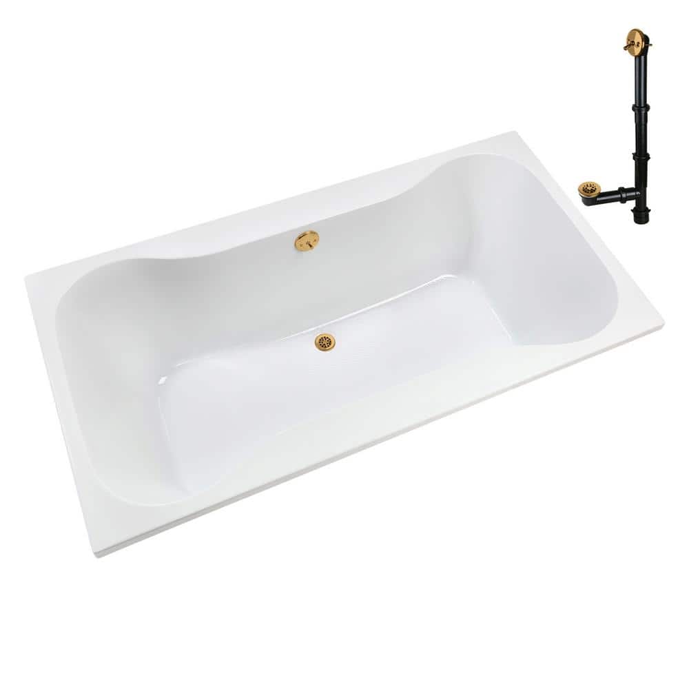 72'' Glossy White Acrylic Soaking Drop-In Bathtub with Brushed Gold Hardware